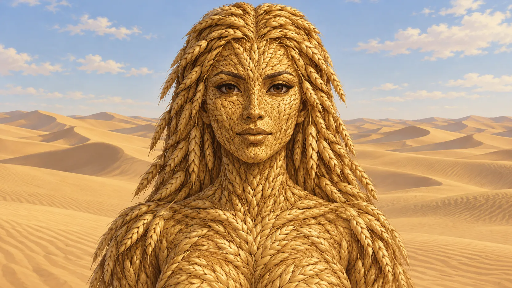 A frontal portrait of Nepit formed from golden grain, with rolling desert dunes beneath a blue sky.
