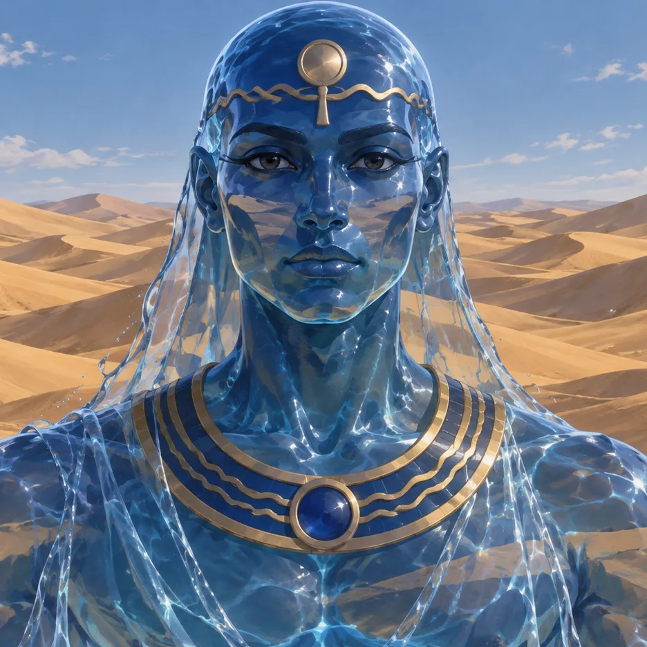 Nu as a transparent blue human figure with gold ornaments, with desert dunes visible through his face and shoulders.