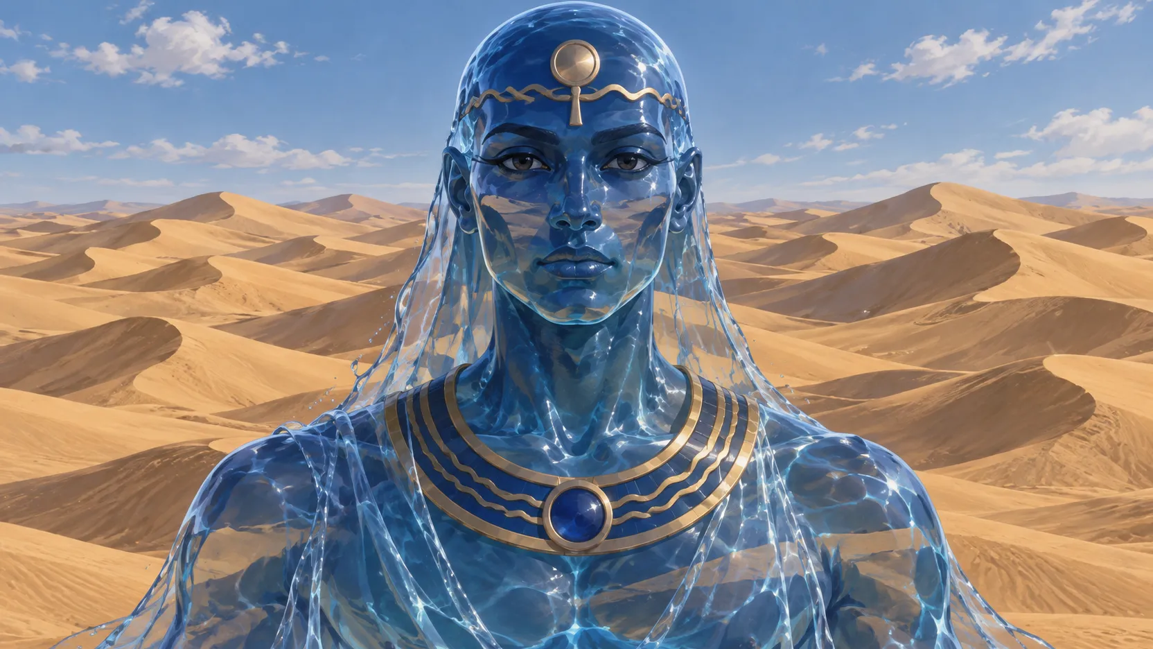 A frontal portrait of transparent blue Nu with gold ornaments, set against a wide landscape of sunlit desert dunes.