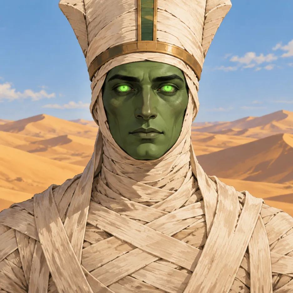 Osiris as a mummy with green skin and glowing green eyes, wrapped in pale linen.