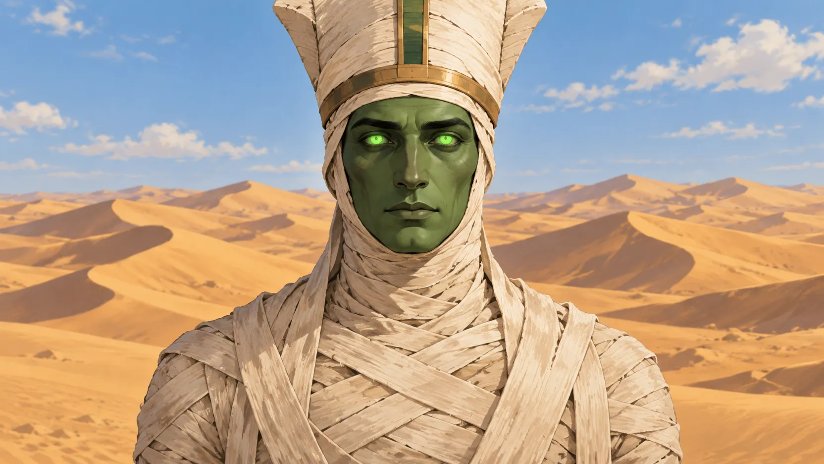 Osiris as a mummy with green skin and glowing green eyes before sunlit desert dunes.