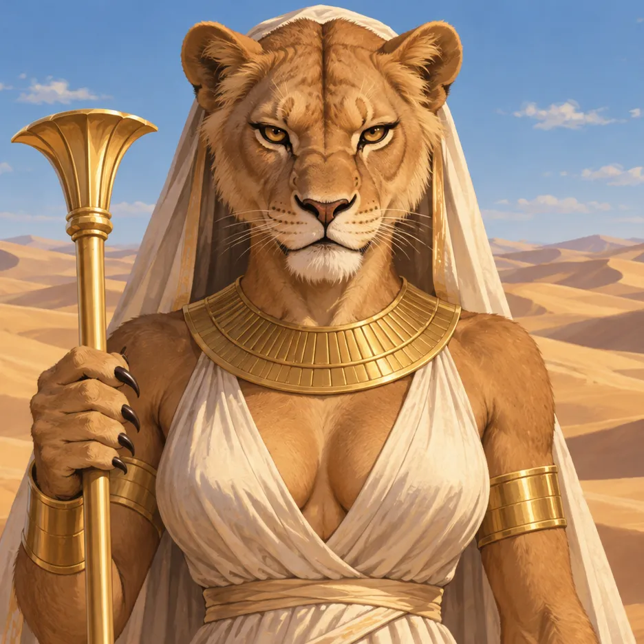 Lion-headed Pakhet with visible claws holding a golden papyrus sceptre before desert dunes.
