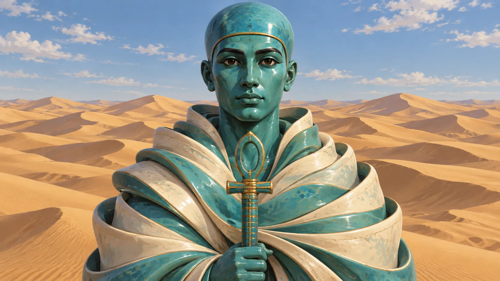 Ptah with a turquoise ceramic face and folded mantle, holding a gold staff before sunlit desert dunes.