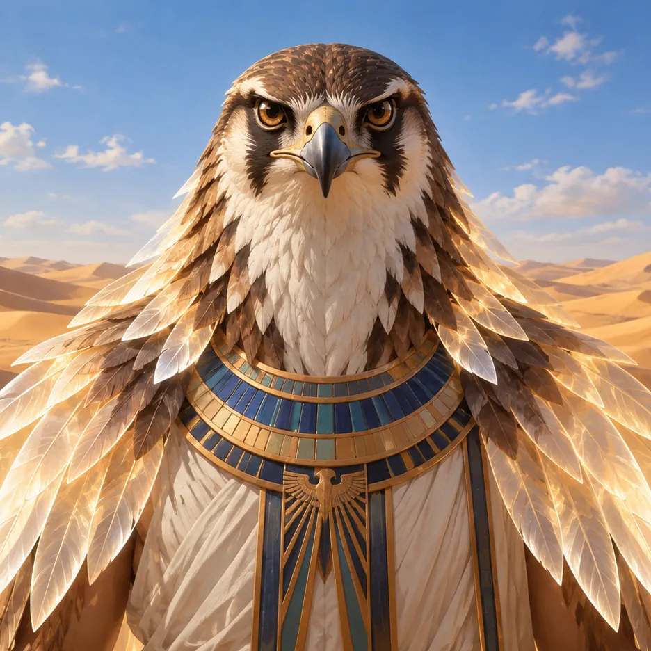 Ra with a brown-and-white falcon head, translucent feathers, and a blue-and-gold collar.