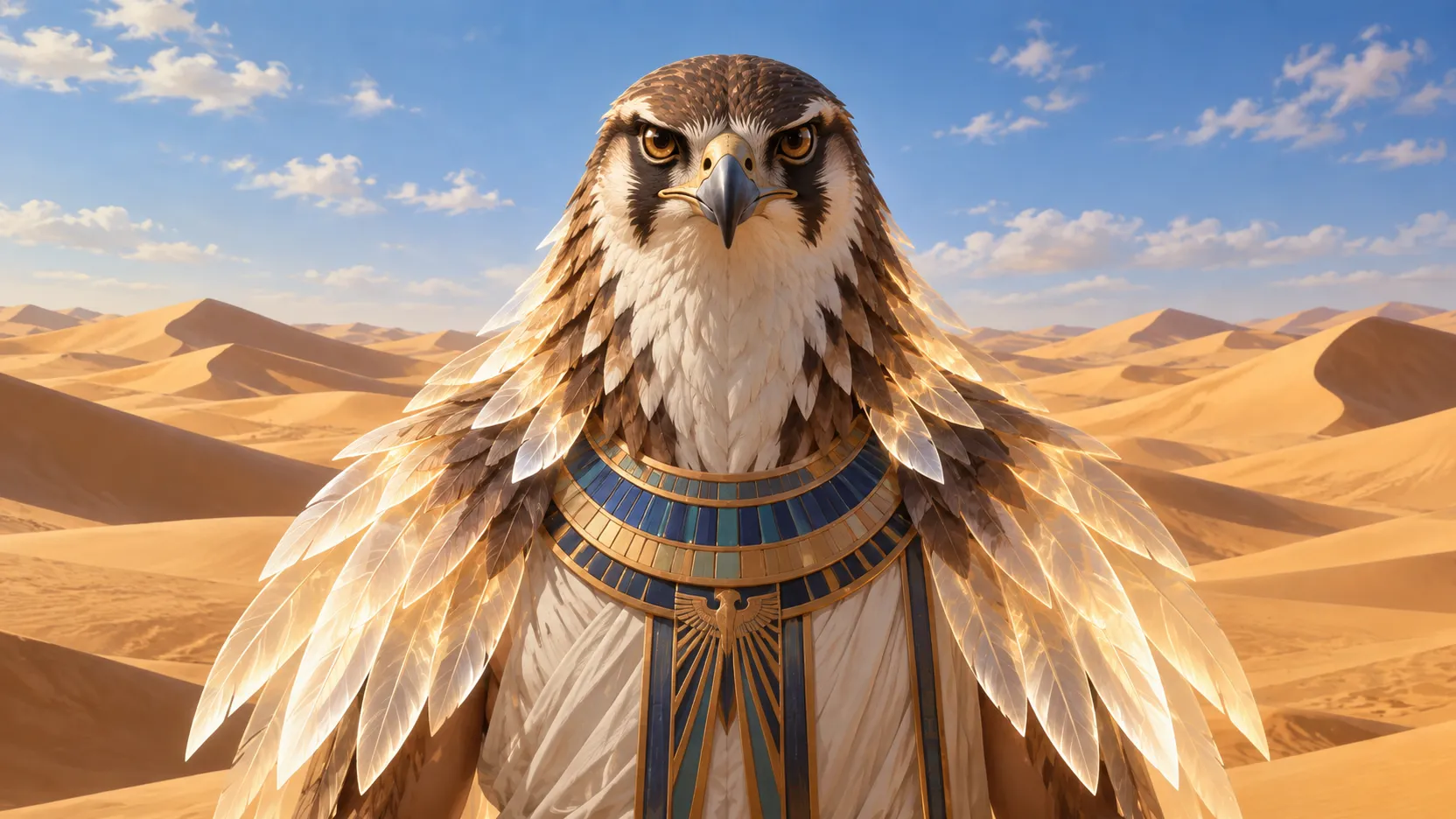 Ra with a falcon head, translucent feathers, and a blue-and-gold collar before sunlit desert dunes.