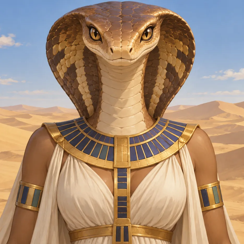 Renenutet with a cobra head and hood, wearing white royal clothing with blue and gold trim.