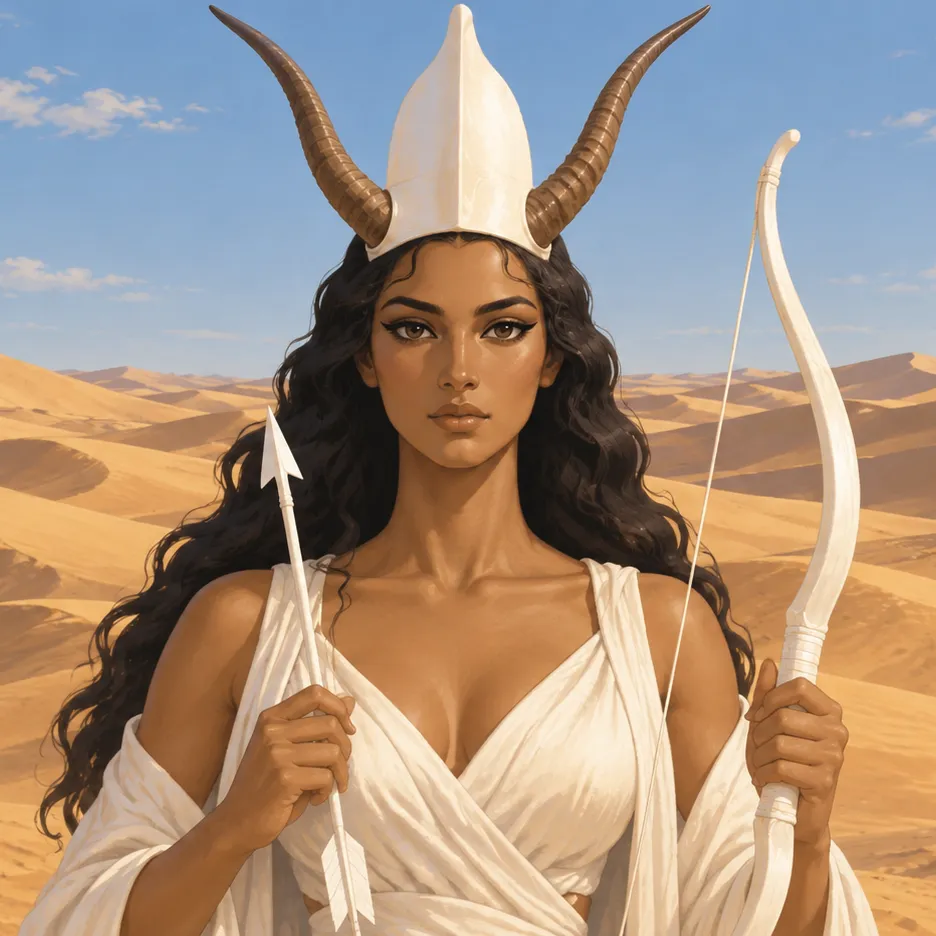 Satis with antelope horns and a white crown, holding a white bow and arrow against desert dunes.