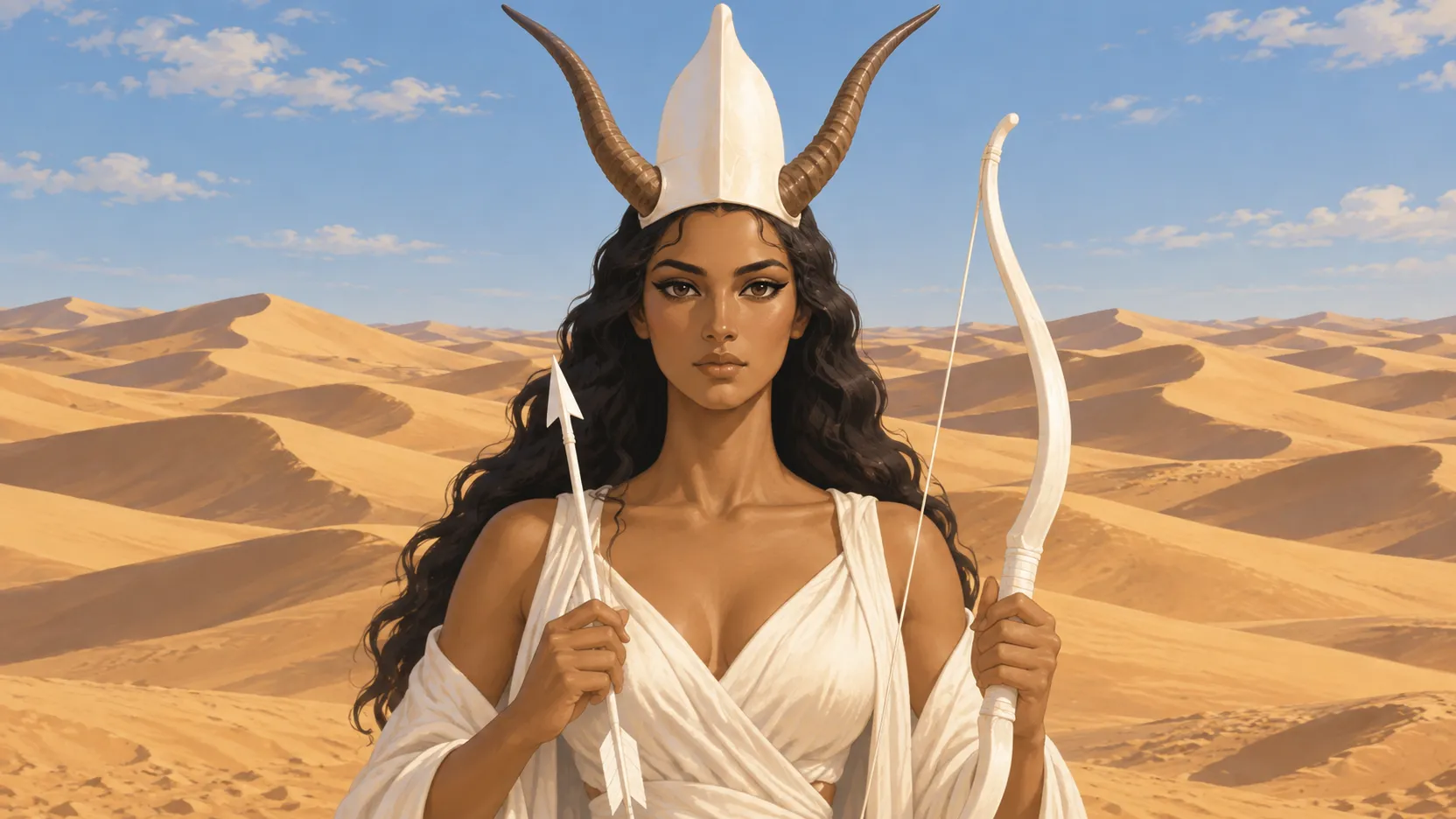 Satis wearing a white crown between antelope horns and holding a white bow and arrow, with sunlit dunes behind her.