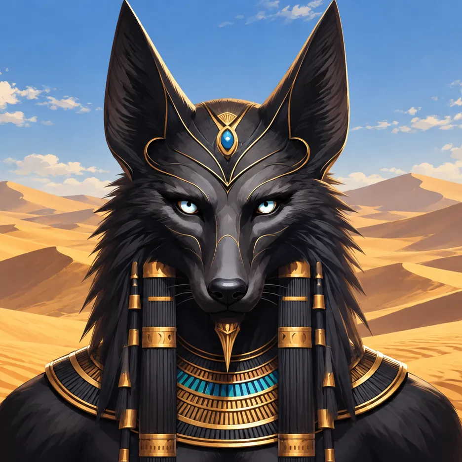 Seth with black fur, tall pointed ears, pale blue eyes, and gold-and-turquoise ornaments before desert dunes.