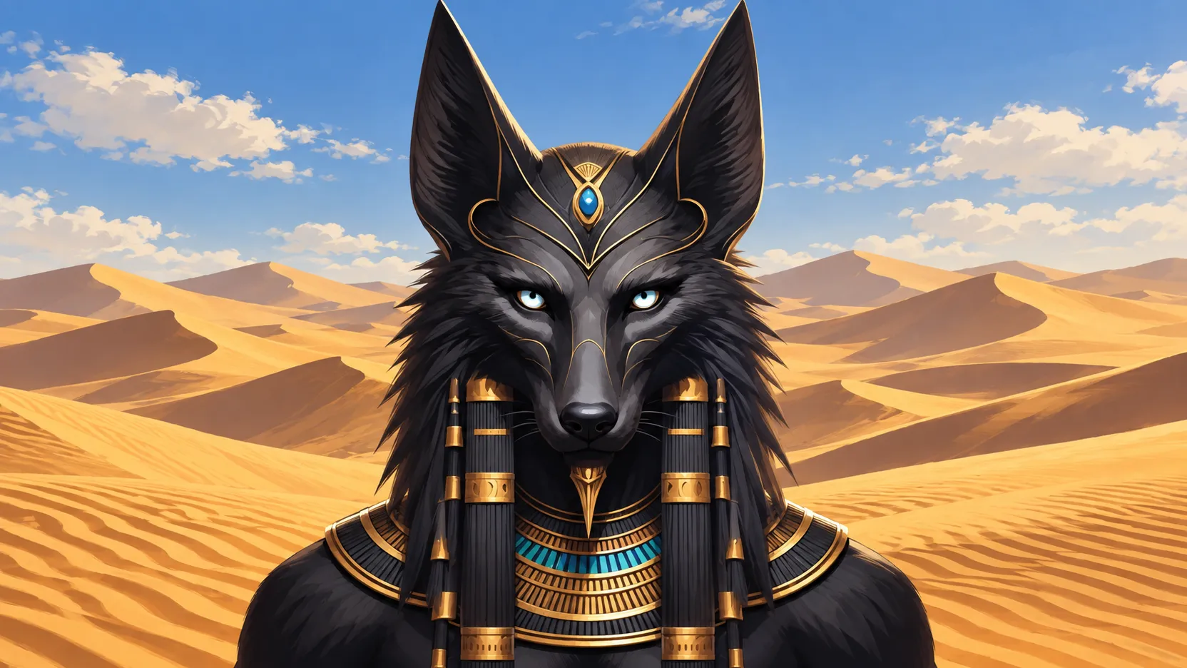 Frontal portrait of Seth with black fur and gold-and-turquoise ornaments, surrounded by sunlit desert dunes.