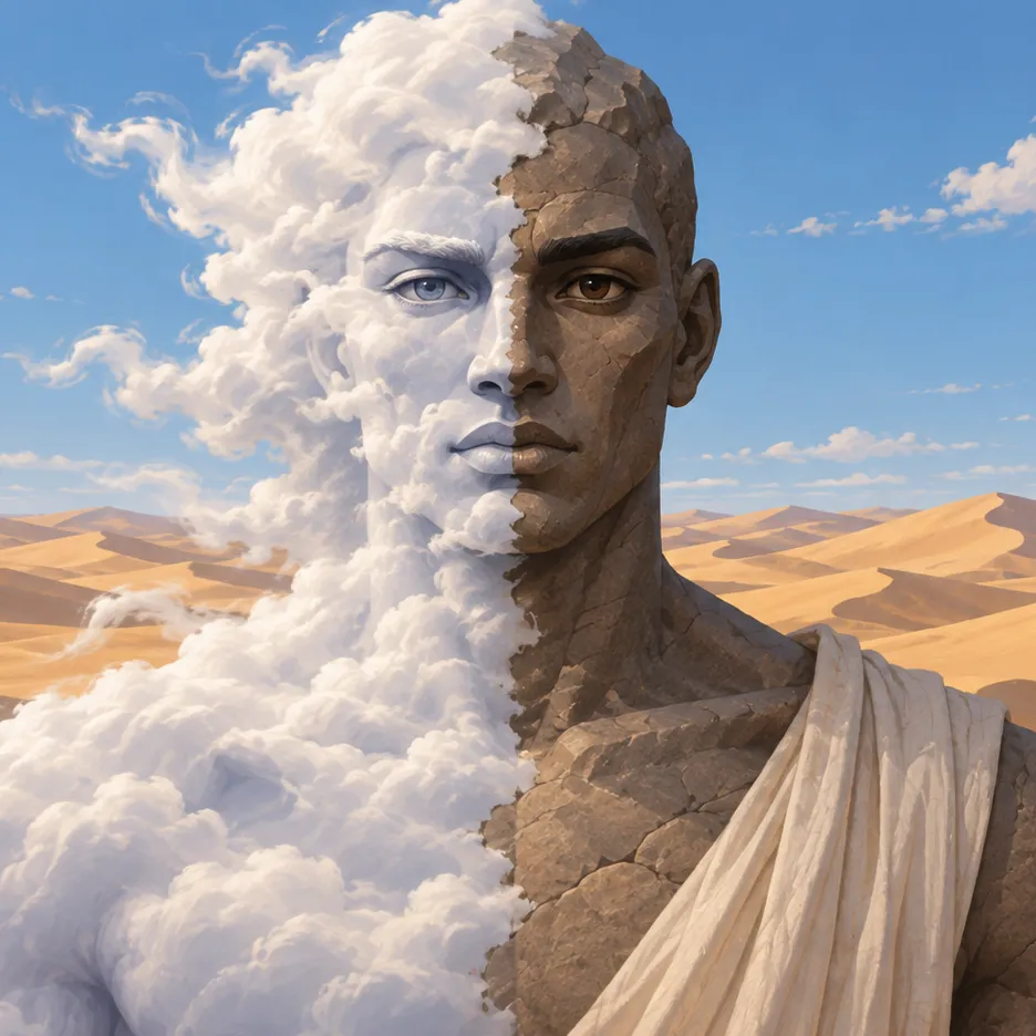 Shu with the left half of his face and body formed from clouds and the right half from stone.