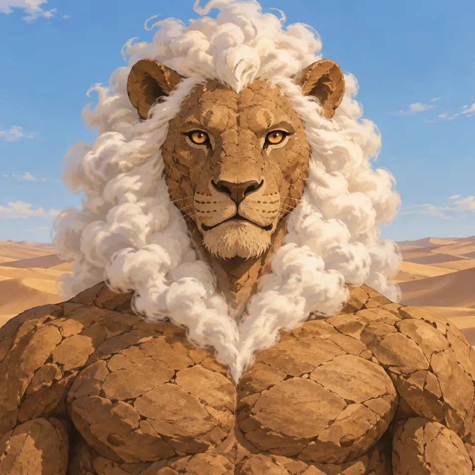 Shu with a lion head and body made of earth and a mane of clouds.