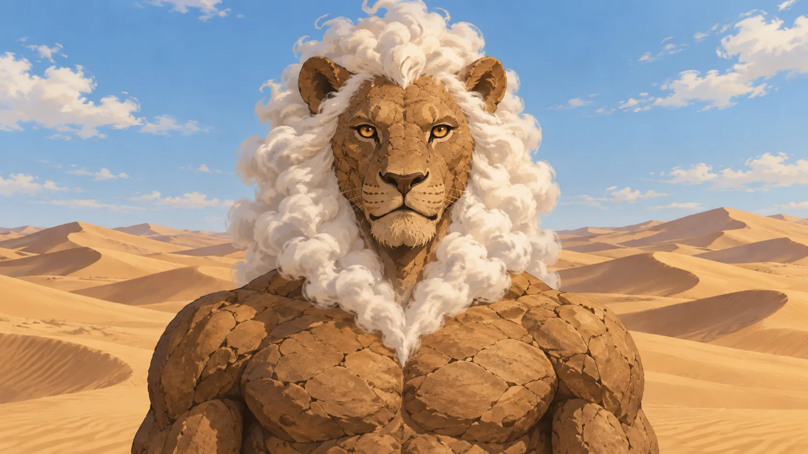 Shu with a lion head, a cloud mane and a body of earth before sunlit desert dunes.