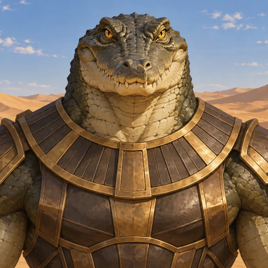 Sobek with a crocodile head and broad shoulders in bronze-colored armor, with desert dunes behind him.