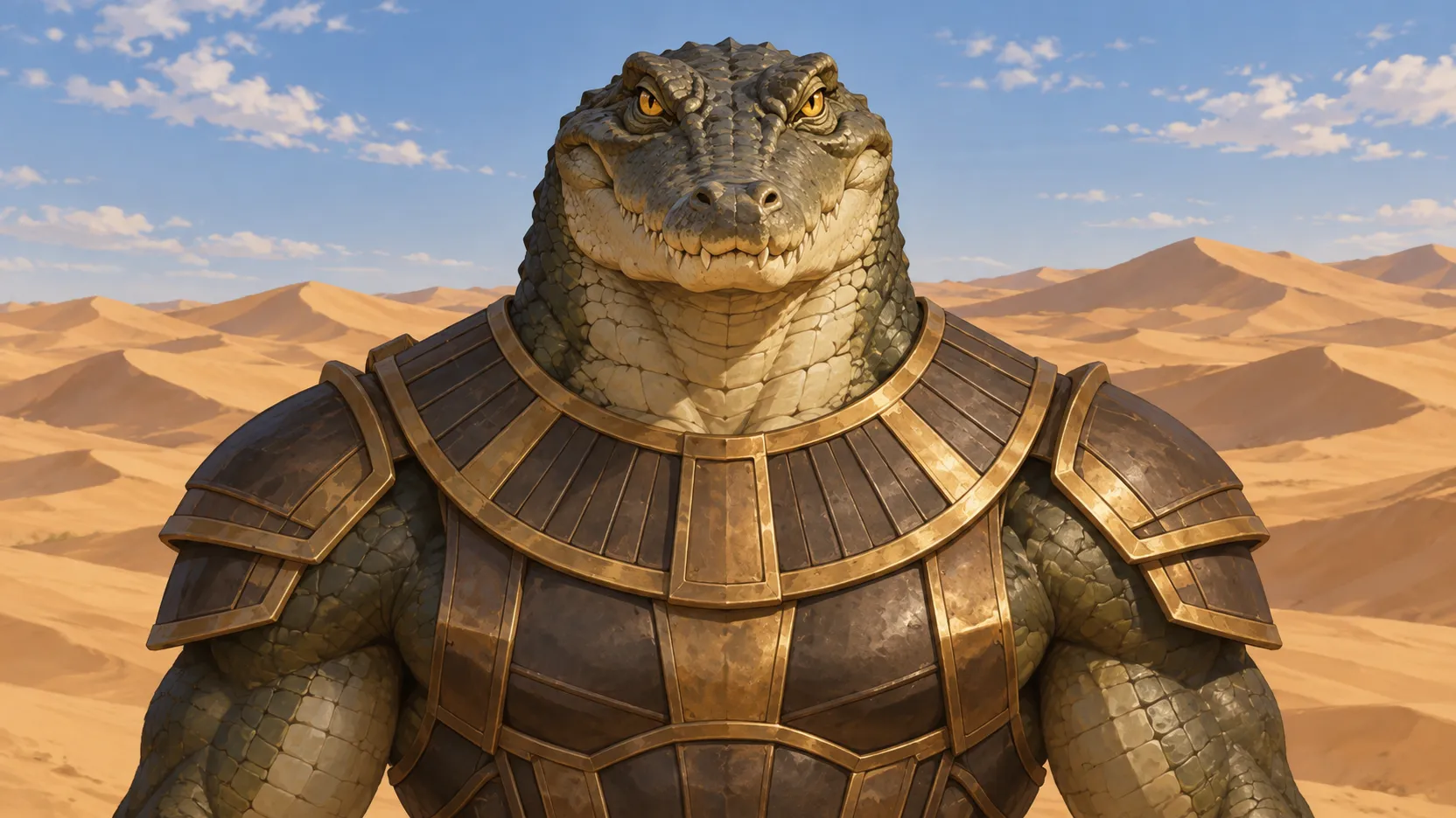 Wide portrait of crocodile-headed Sobek in heavy bronze-colored armor against sunlit dunes and a lightly clouded sky.