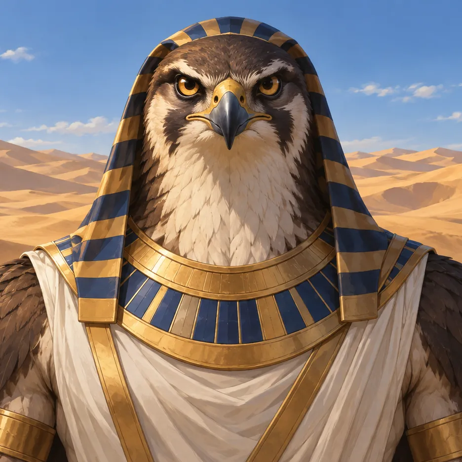 Sopdu as a male falcon figure wearing a striped headdress and broad collar before desert dunes.
