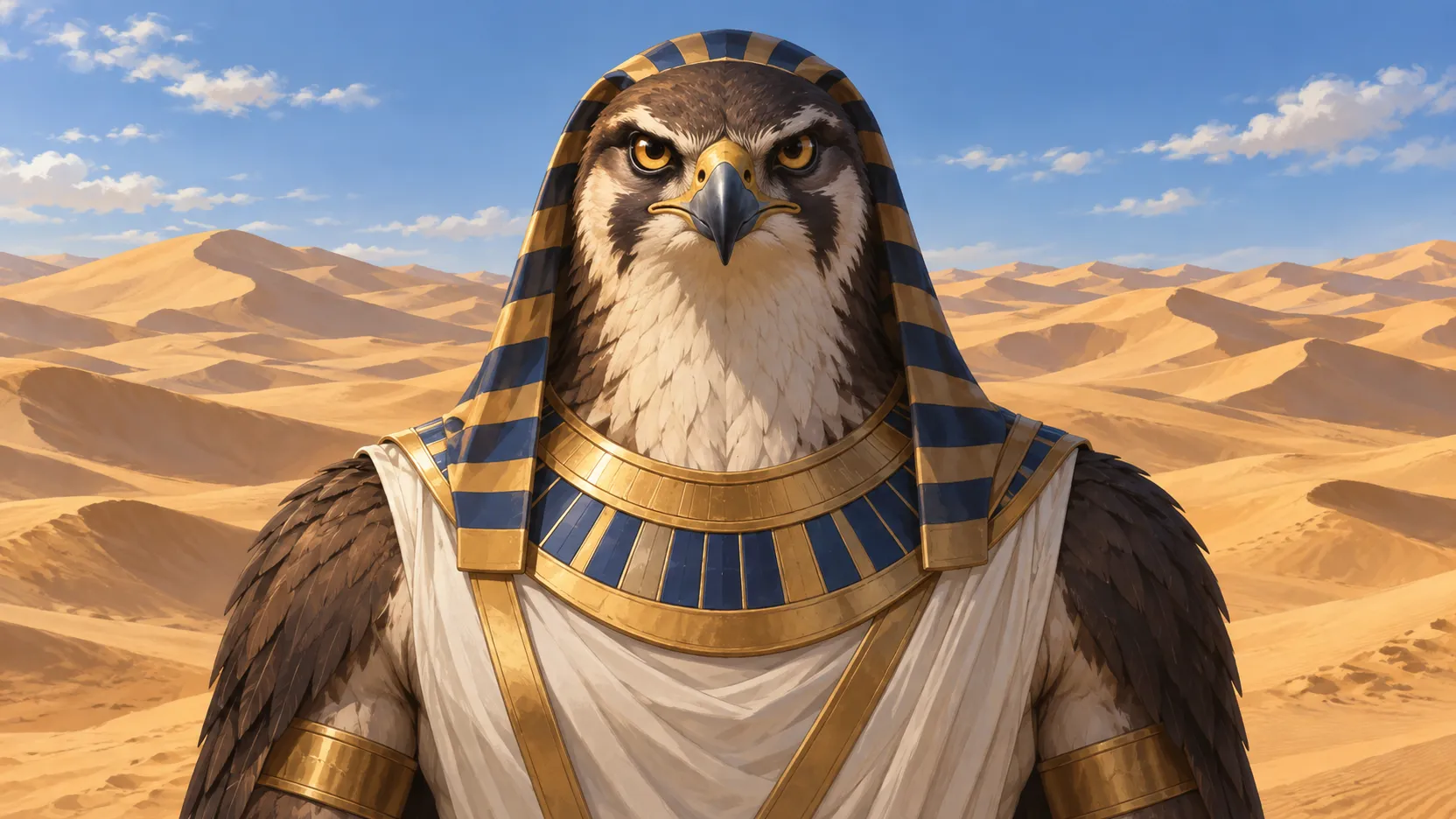 A frontal portrait of falcon-shaped Sopdu, with feathered shoulders, a striped headdress and broad collar against sunlit desert dunes.