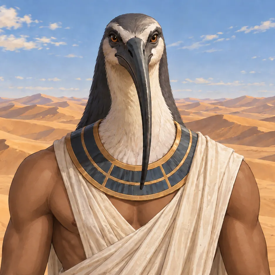 Ibis-headed Thoth with a human body and white draped clothing, facing the viewer before desert dunes.
