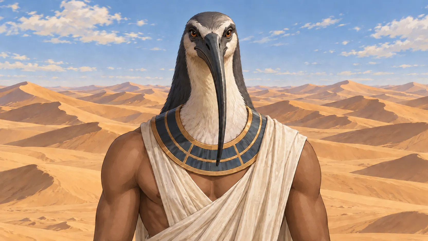 Ibis-headed Thoth with a human body and white draped clothing, facing the viewer before sunlit desert dunes and a blue sky.
