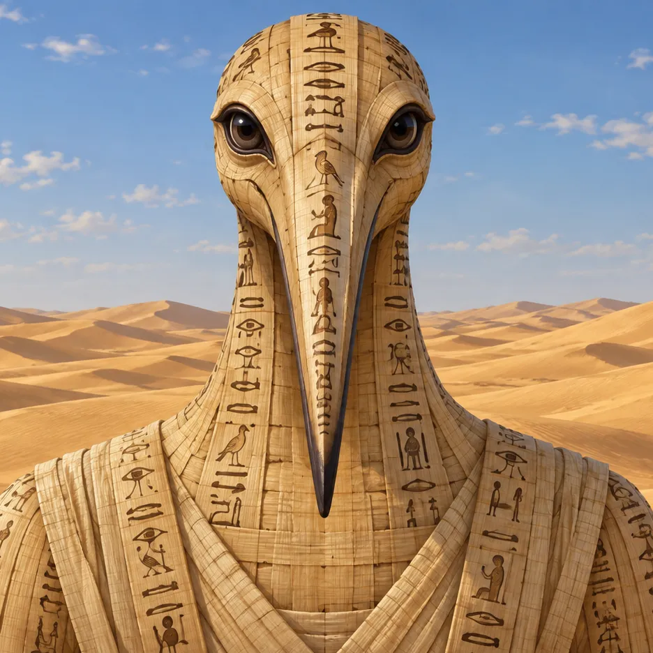 Ibis-headed Thoth formed from papyrus inscribed with hieroglyphs, facing the viewer before desert dunes.
