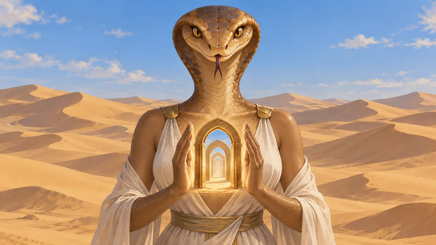 Snake-headed Hauhet in a white robe holds a sequence of open gates between her palms before sunlit desert dunes.