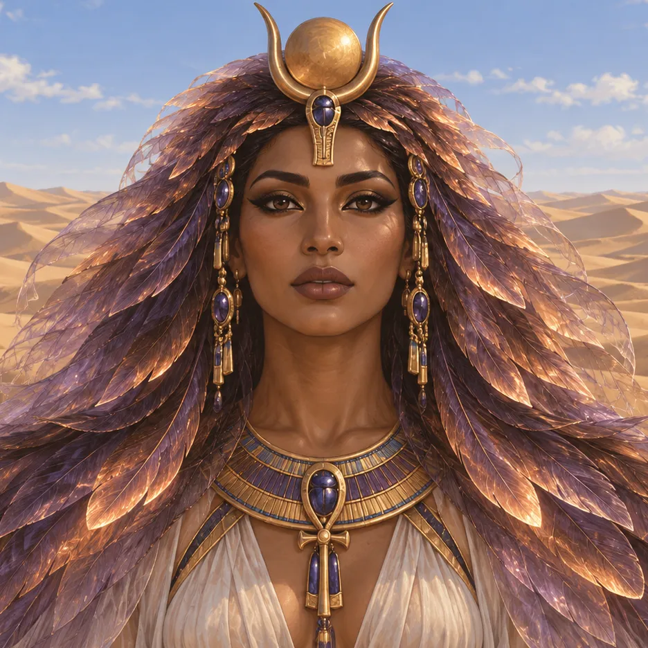 Portrait of Isis with flowing violet and copper feather hair and a gold horned headdress before desert dunes.
