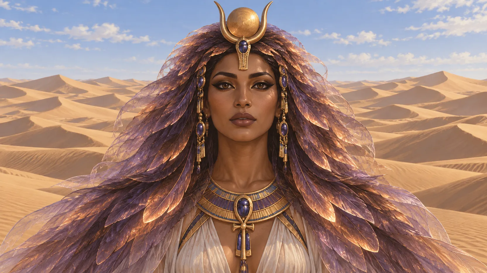 Isis with a translucent violet and copper feather mantle and white clothing against a wide desert landscape.