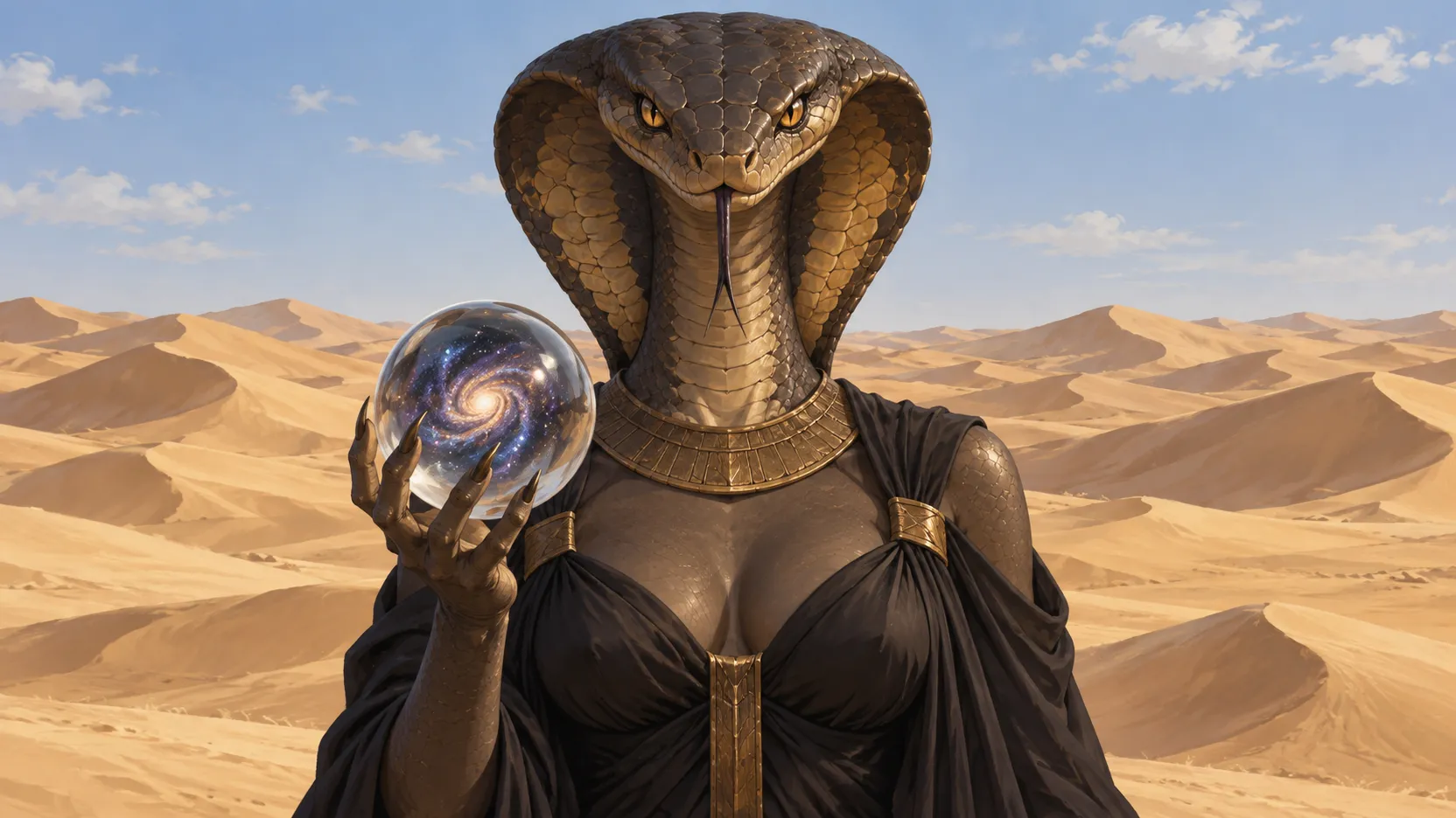 Snake-headed Kauket holds a galaxy inside a glass sphere before sunlit desert dunes.