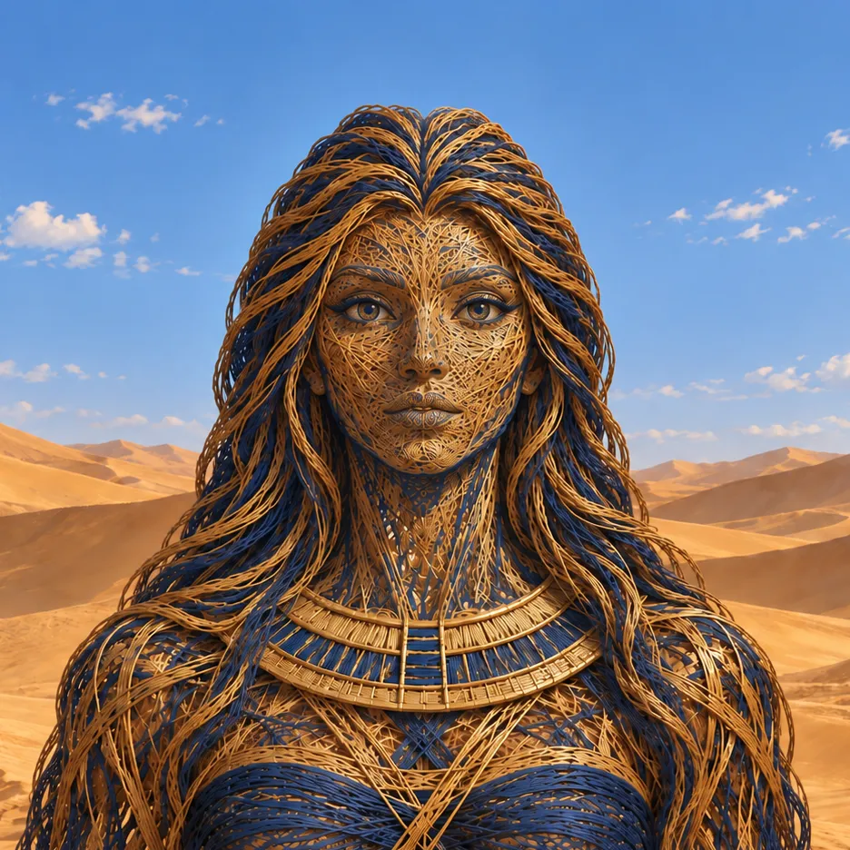 Portrait of Maat with a face and long hair formed from gold and deep-blue threads before desert dunes.