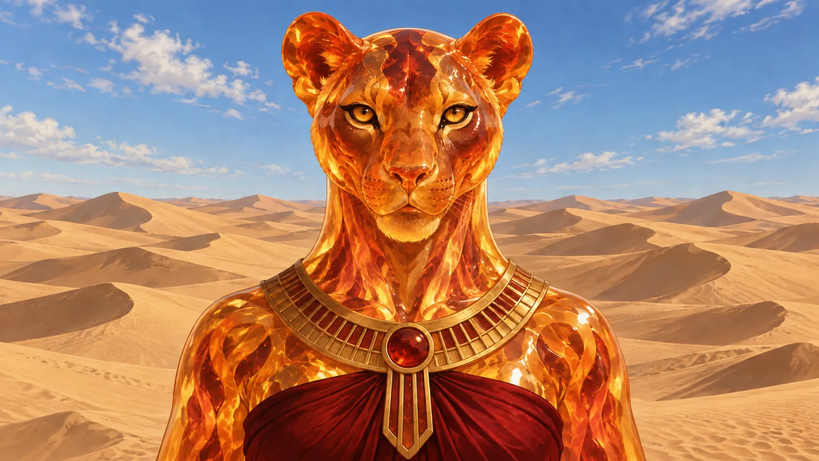 Menhit with an amber lioness head and red garment against a wide landscape of desert dunes.