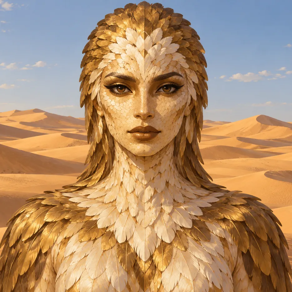 Portrait of Mut with a human face and body formed from ivory and dark-gold feathers before desert dunes.