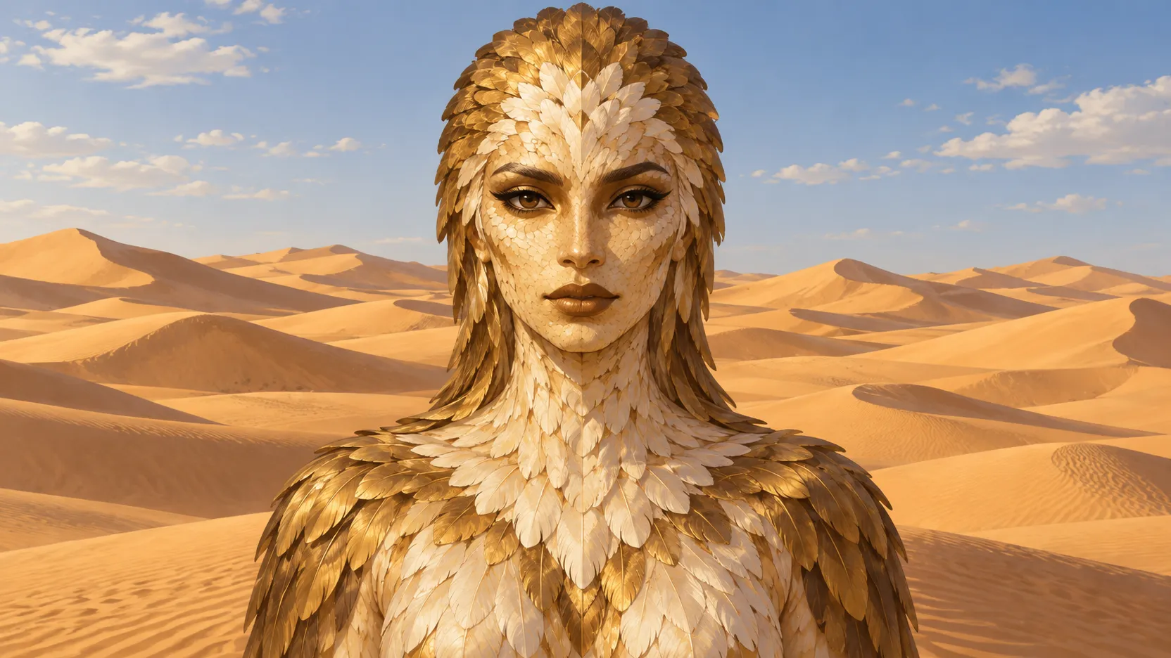 Mut formed from ivory and dark-gold feathers against a wide landscape of sunlit desert dunes.