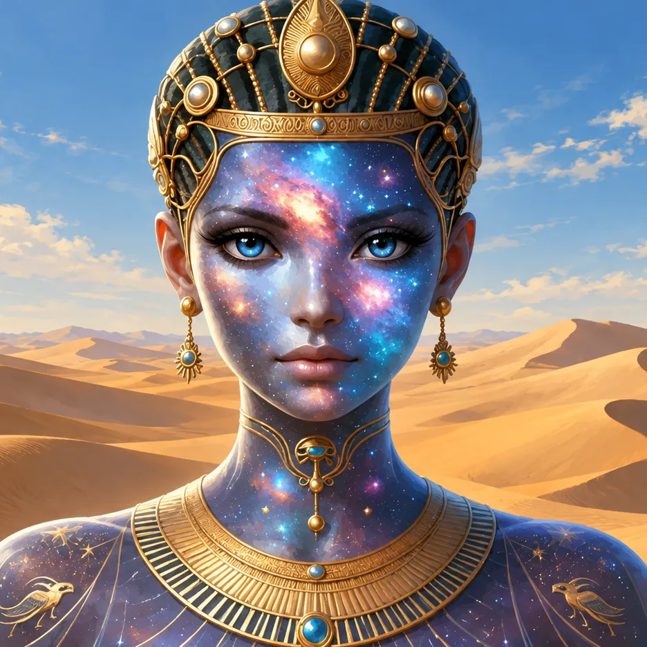 Nut with blue and pink star-filled features, blue eyes, and ornate gold jewelry.