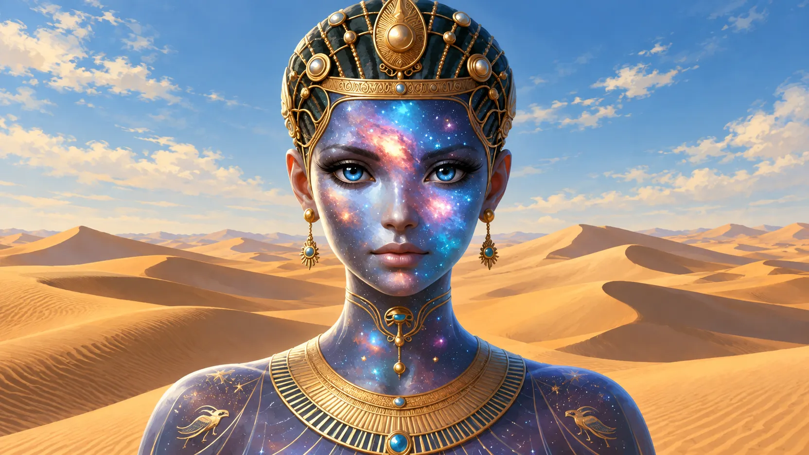 A frontal portrait of Nut with blue and pink star-filled features and gold jewelry against sunlit desert dunes.