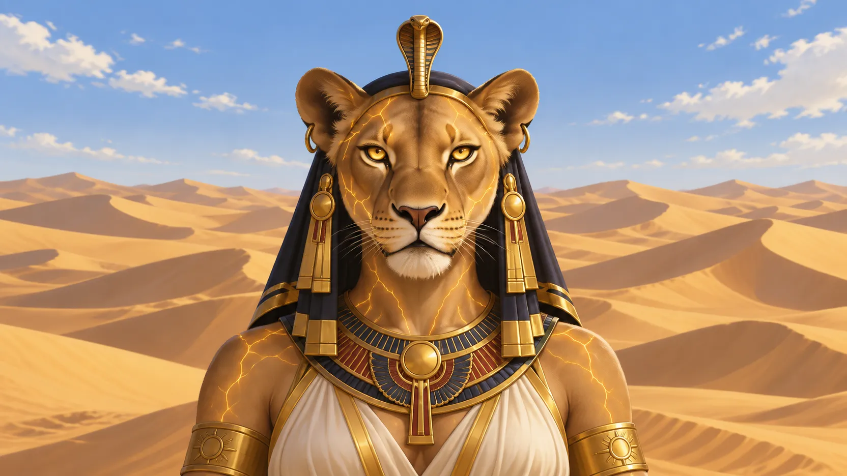 Lioness-headed Sekhmet with glowing gold veins and a cobra head ornament before sunlit desert dunes.