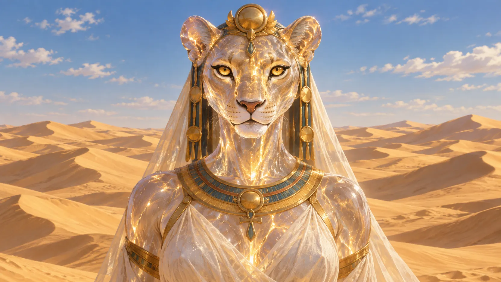Frontal portrait of crystal-bodied Tefnut with a lioness head and golden ornaments before desert dunes.