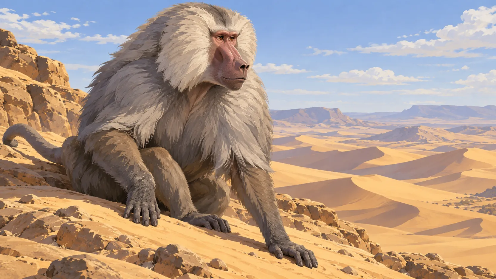 Painted Aani with a silver mane, seated on warm sandstone above rolling Egyptian dunes.