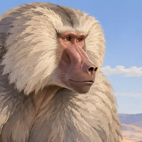 Close view of Aani’s baboon face, silver mane and upper chest against a sunlit desert sky.