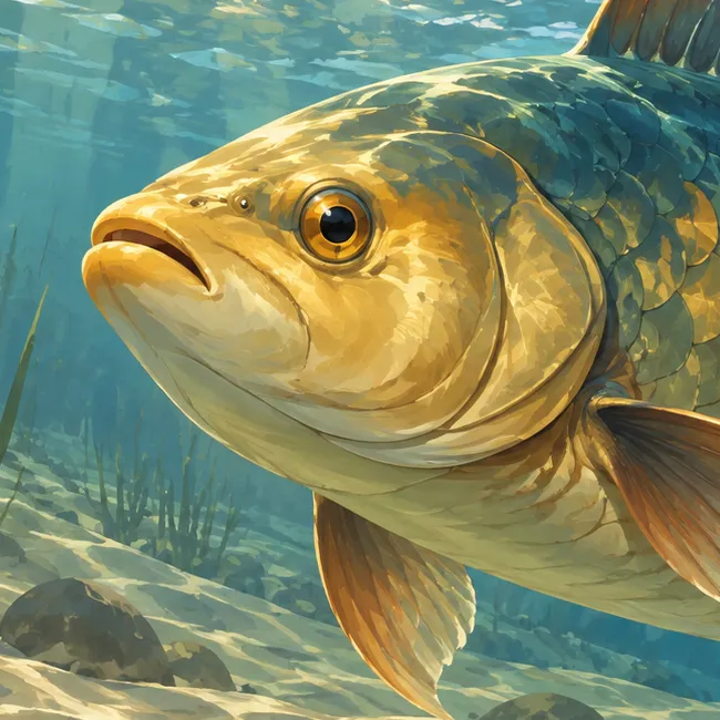 Close view of Abtu’s golden fish head, amber eye and gill plate in blue-green water.