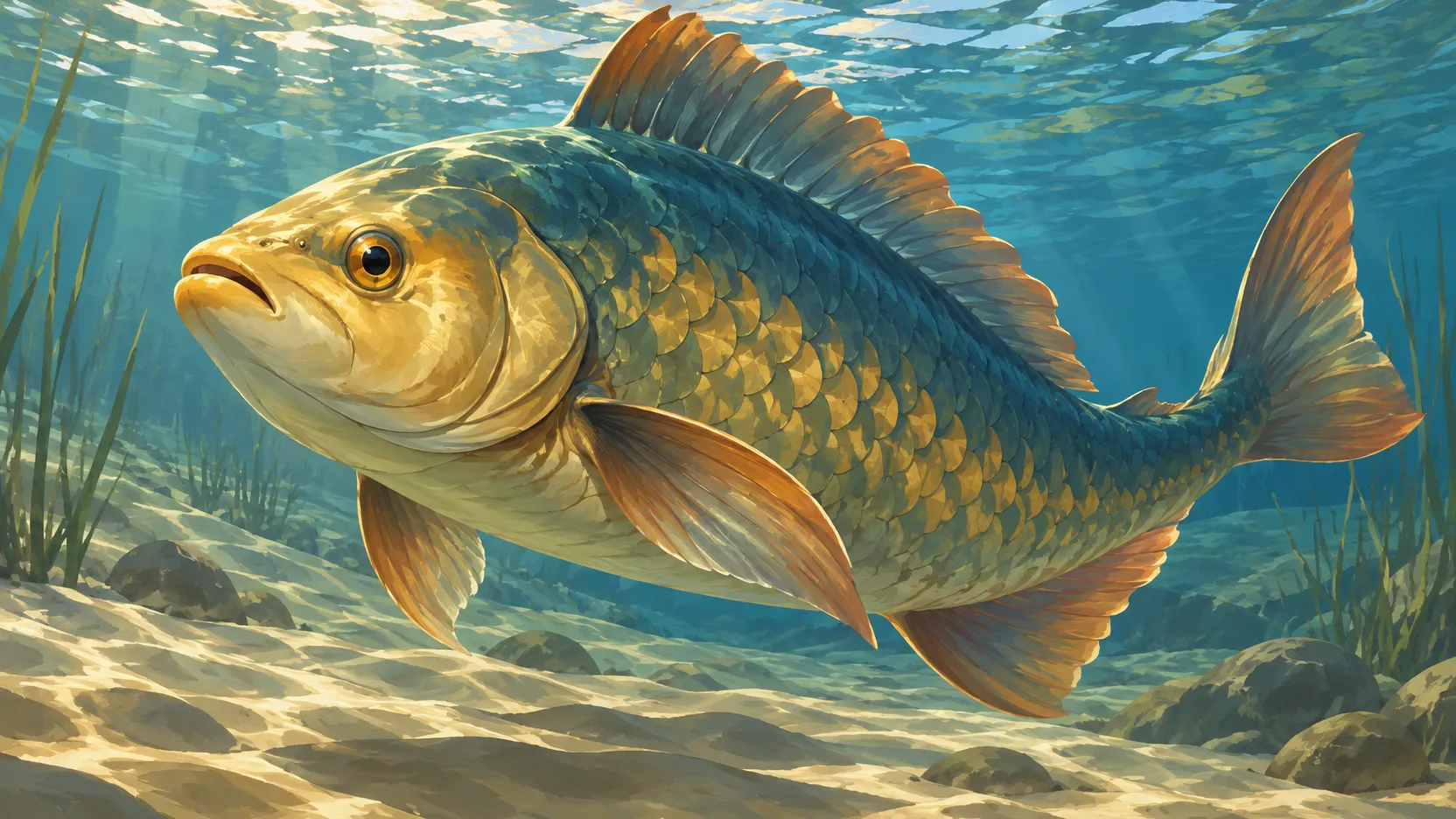 Abtu depicted as a gold and teal fish swimming above a sandy riverbed beneath a sunlit water surface.