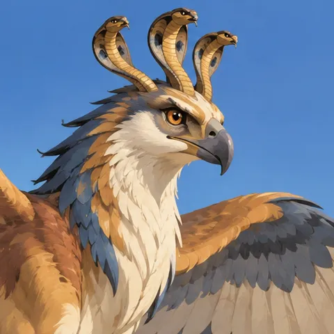 Close view of Akhekh’s bird head, three upright cobras, and feathered neck against a blue sky.