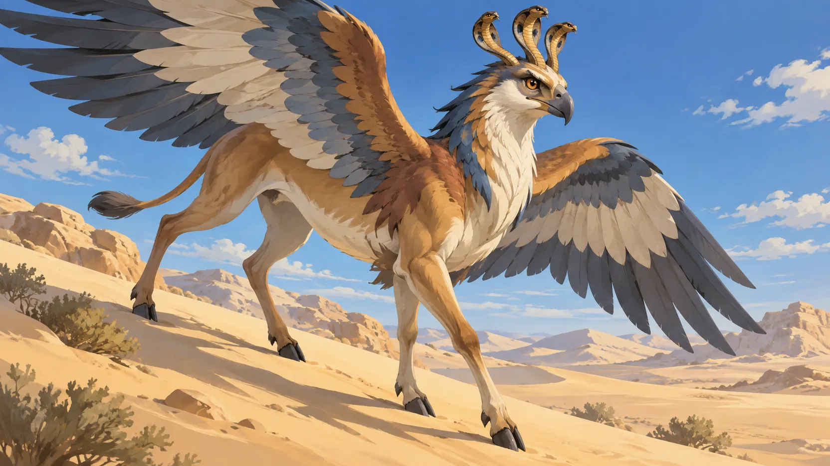 Akhekh with an antelope body, bird head, three upright cobras, and spread wings stepping across sunlit Egyptian dunes.