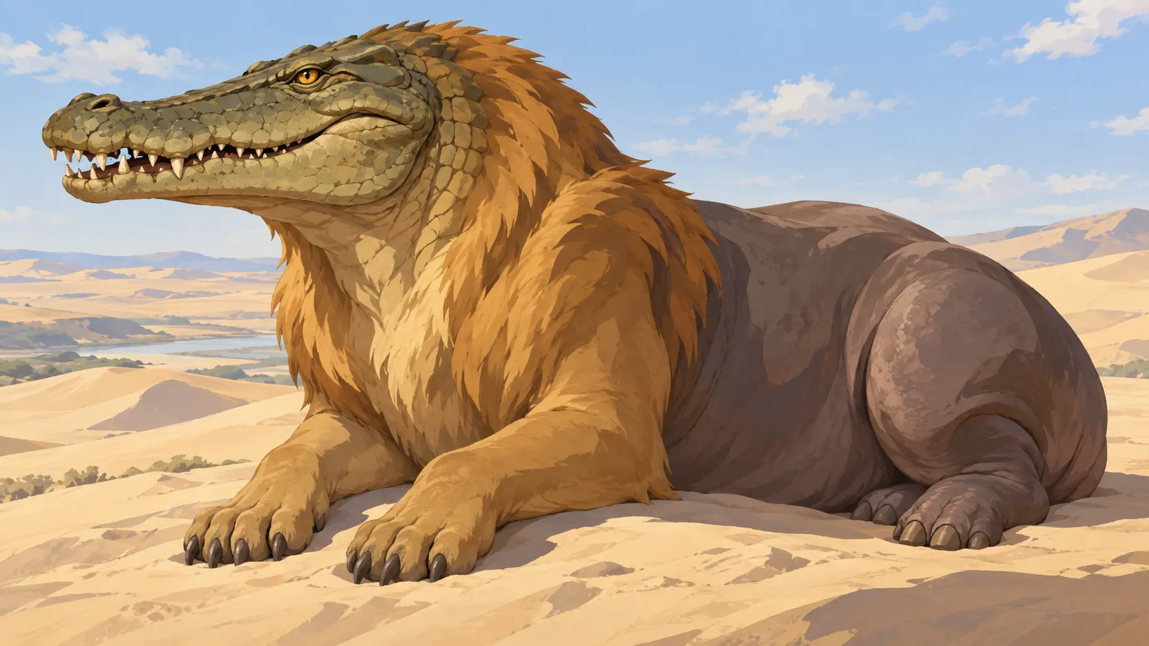 Ammit rests on sunlit dunes with a crocodile head, golden lion forequarters and heavy hippopotamus hindquarters.