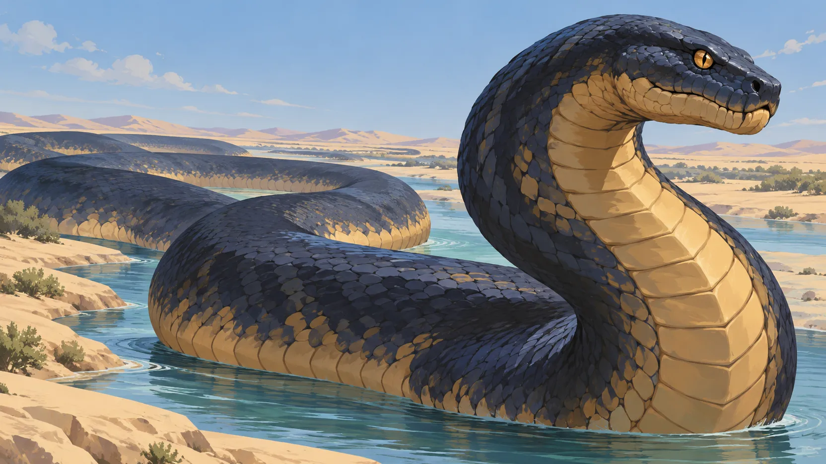 Apep’s immense dark blue coils cross a shallow waterway between pale sandbanks, his head raised in daylight.