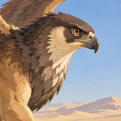Close view of the griffin’s hooked beak, amber eye and feathered neck above a tawny lion shoulder.