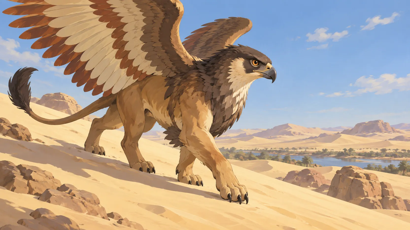 A bird-headed, winged lion strides down an Egyptian dune above distant water and palms.