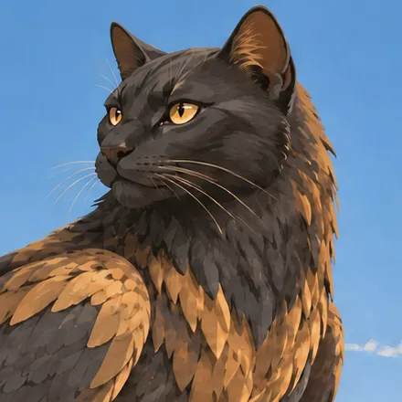 Ikenty’s black feline head and golden eyes above dark and bronze feathers.