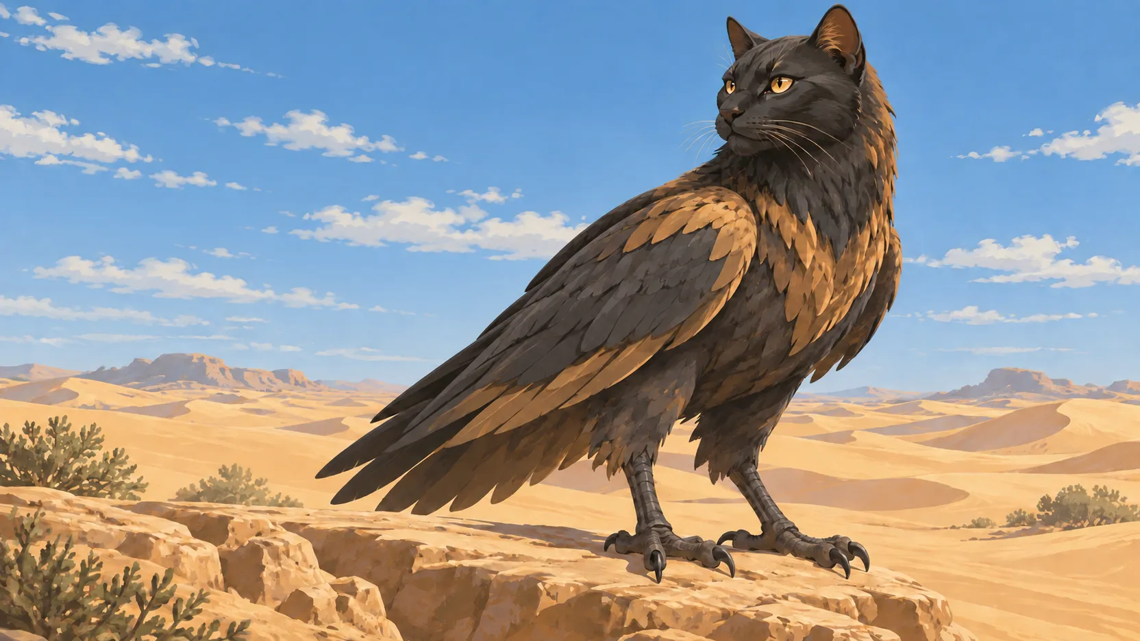 Ikenty, a black cat-headed bird with bronze wings and taloned feet, stands above sunlit desert dunes.
