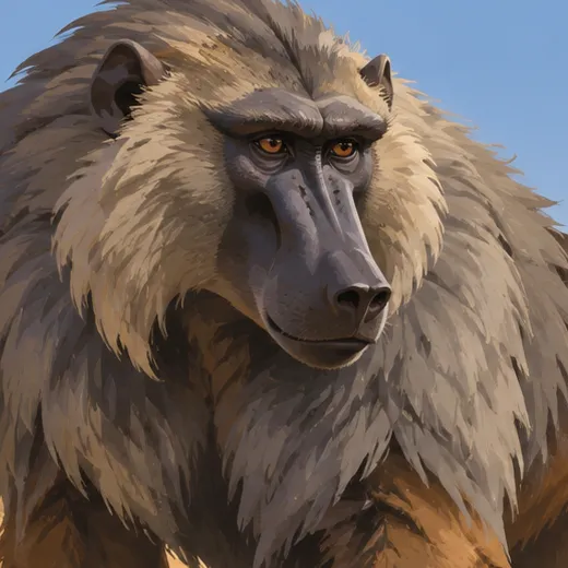 Close view of In-tep’s dark muzzle, watchful eyes and thick pale baboon mane.