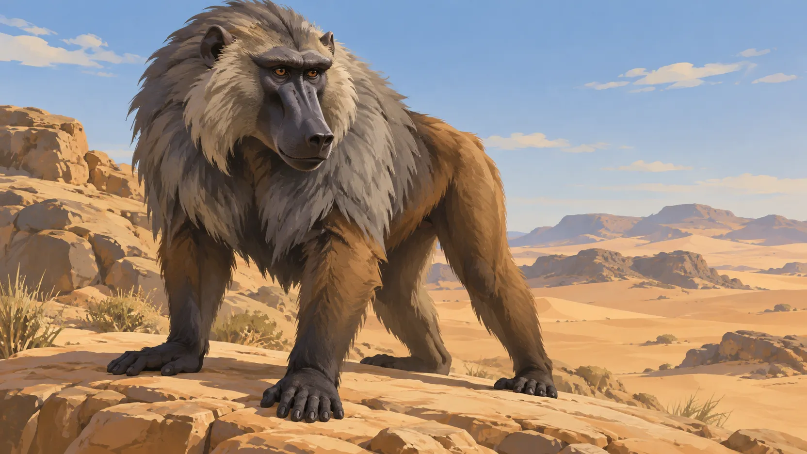 In-tep stands on all fours on a sandstone ledge above sunlit Egyptian dunes.